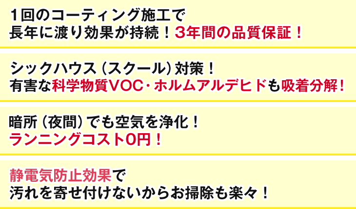 1回のコーティング施工で長年に渡り効果が持続！3年間の品質保証！　シックハウス（スクール）対策！有害な科学物質VOC・ホルムアルデヒドも吸着分解！　暗所（夜間）でも空気を浄化！ランニングコスト0円！　静電気防止効果で汚れを寄せ付けないからお掃除も楽々！